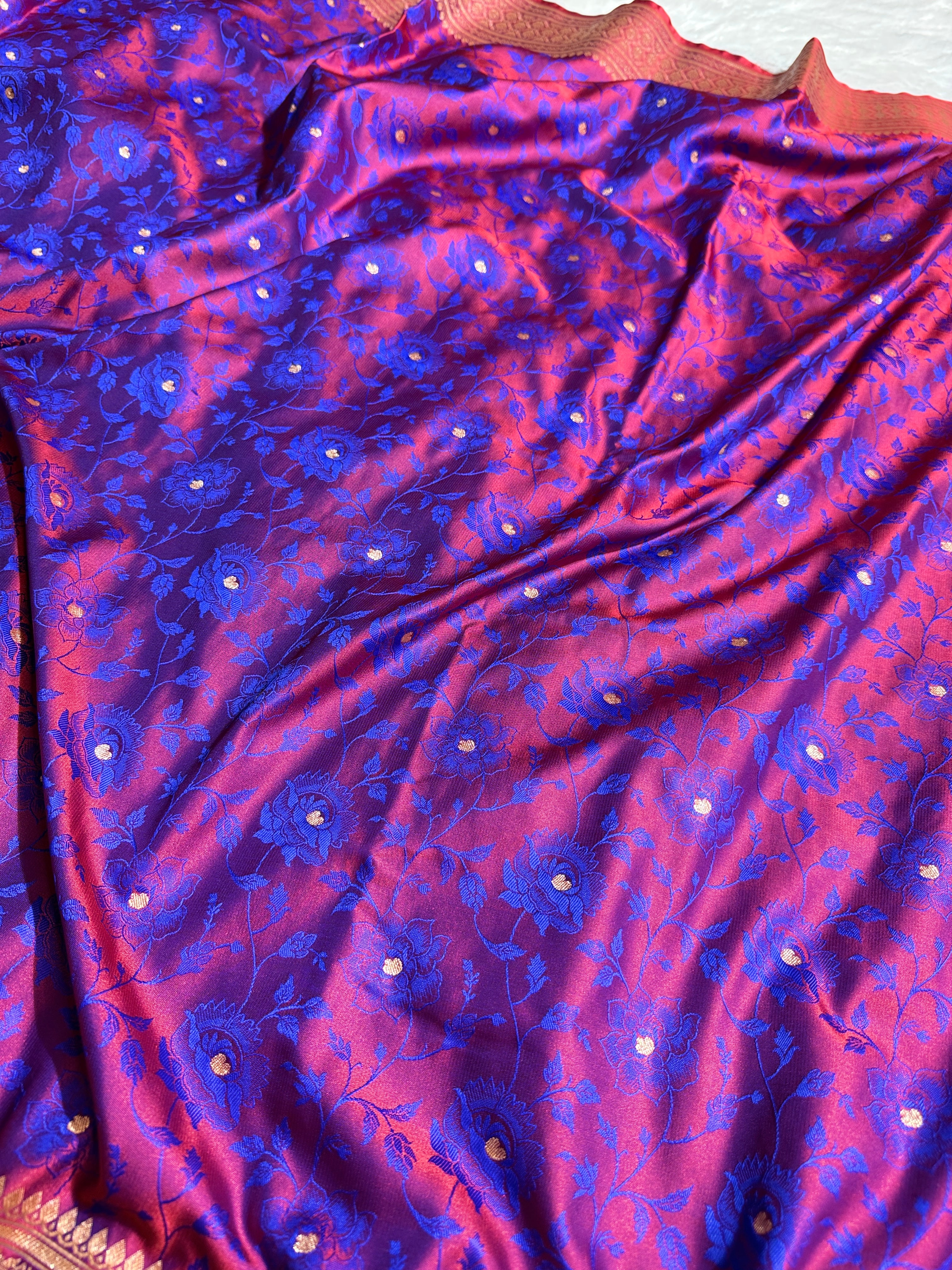 Blue Satin Mashru Silk Banarasi Saree with Dual Tone Tanchoi Pattern and Rupa-Sona Zari Work  MKS085