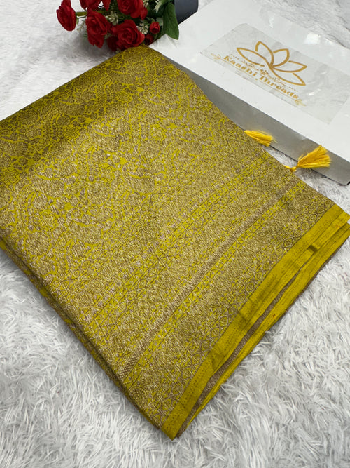 Lemon yellow Banarasi Dupion Silk Saree with Embossed Antique Zari Weaving & Rich Antique Zari Pallu | STF114