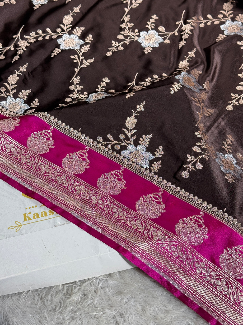 Chocolate Brown Mashru Silk Saree with Silver Zari Meena Jaal & Rani Pink Contrast MKS345