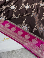 Chocolate Brown Mashru Silk Saree with Silver Zari Meena Jaal & Rani Pink Contrast MKS345
