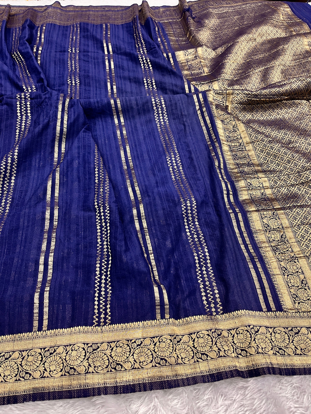 Raw Silk Zari Lining Navy Blue color  Saree RS003