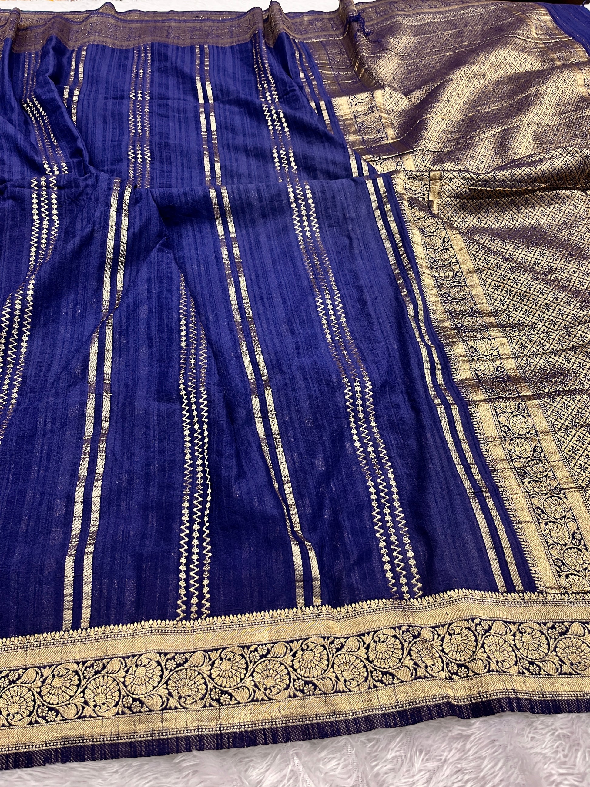 Raw Silk Zari Lining Navy Blue color  Saree RS003