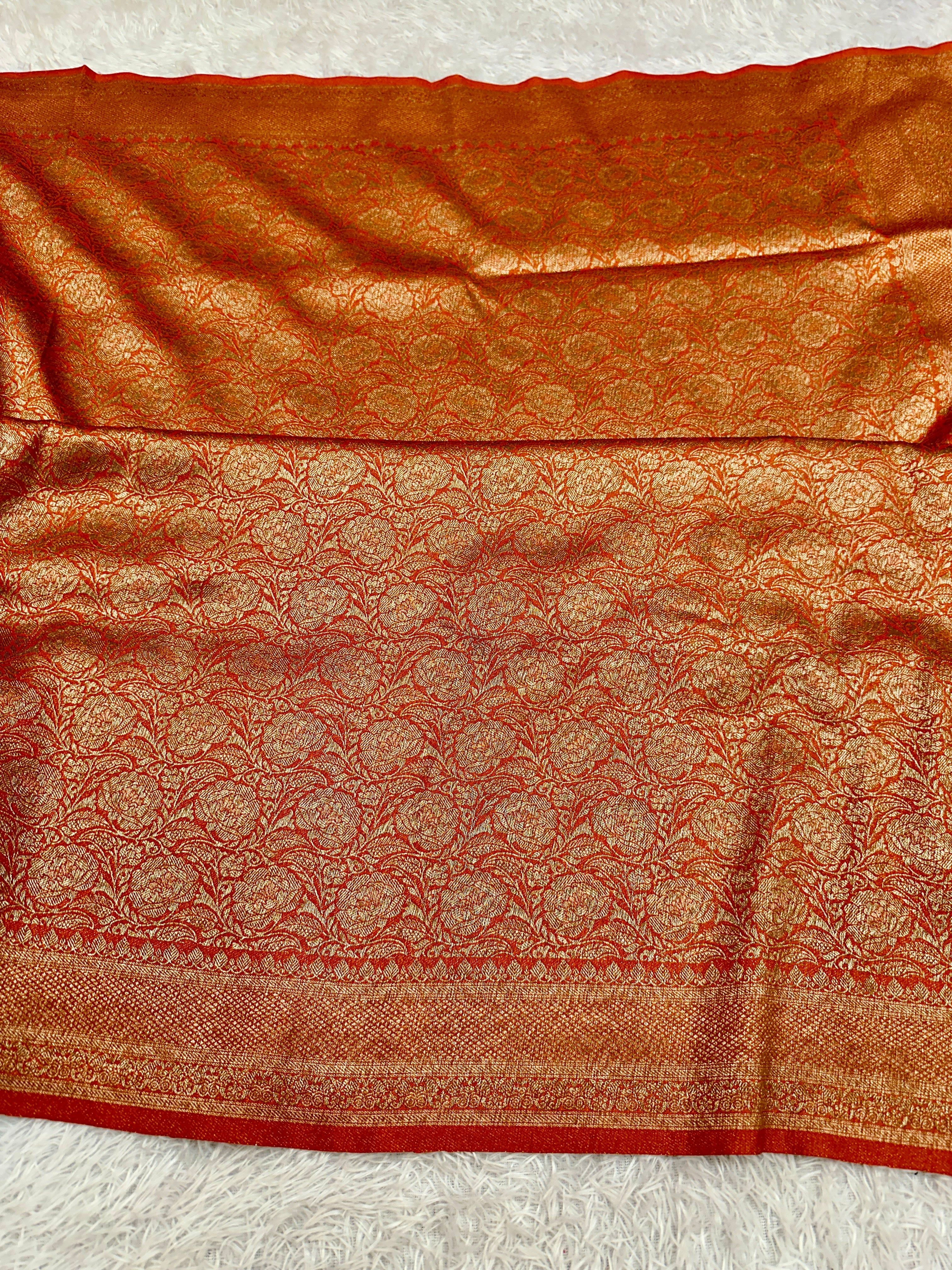 Rust Orange Banarasi Dupion Silk Saree with Embossed Antique Zari Weaving & Rich Antique Zari Pallu | STF58