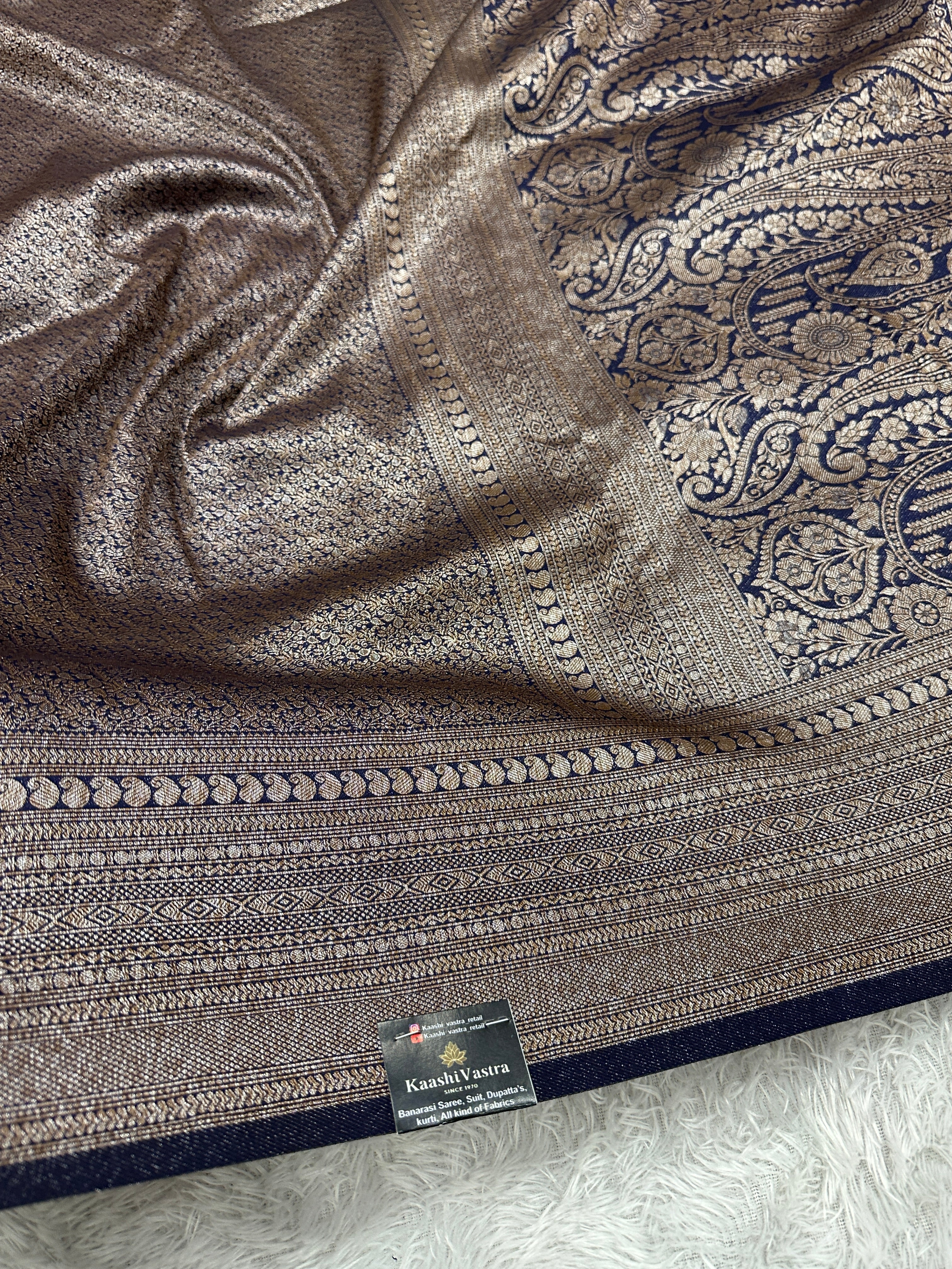 Navy blue Banarasi Dupion Silk Saree with Embossed Antique Zari Weaving & Rich Antique Zari Pallu | STF93