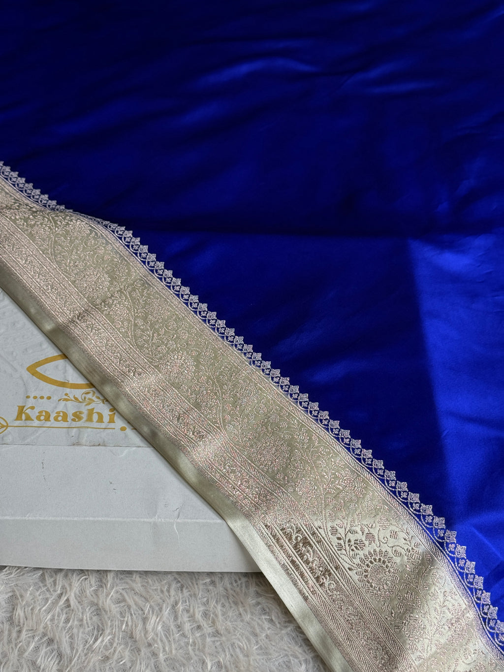 Royal Blue Mashru Kataan Silk Banarasi Saree with Beige Zari Border | MKS74