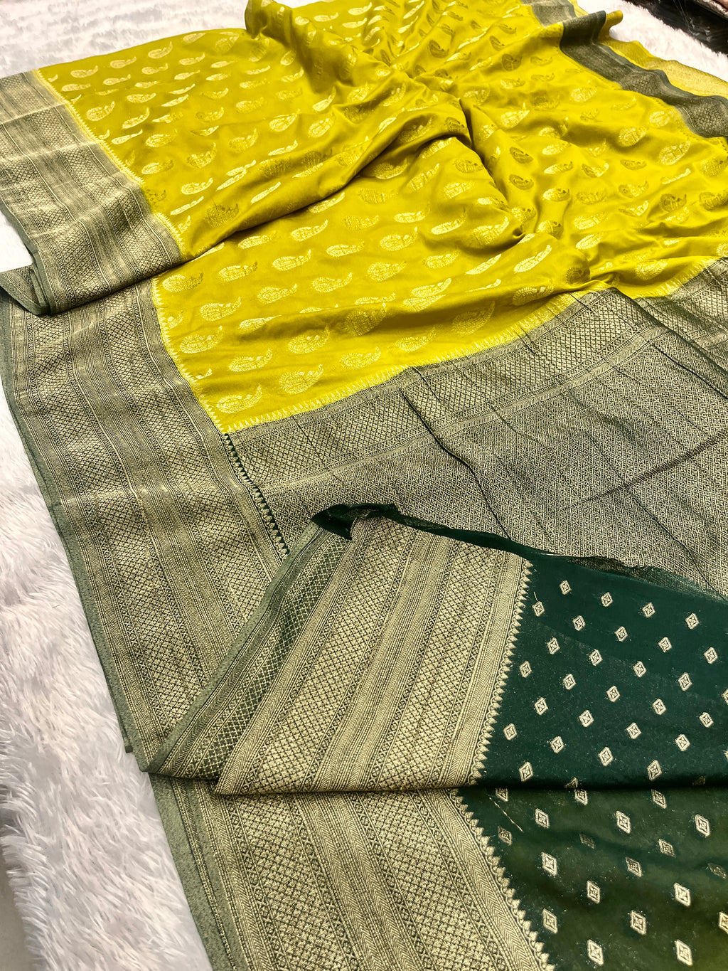 Chinon Silk Karry  Buta  Design Lemon with Green  color  Saree CN07