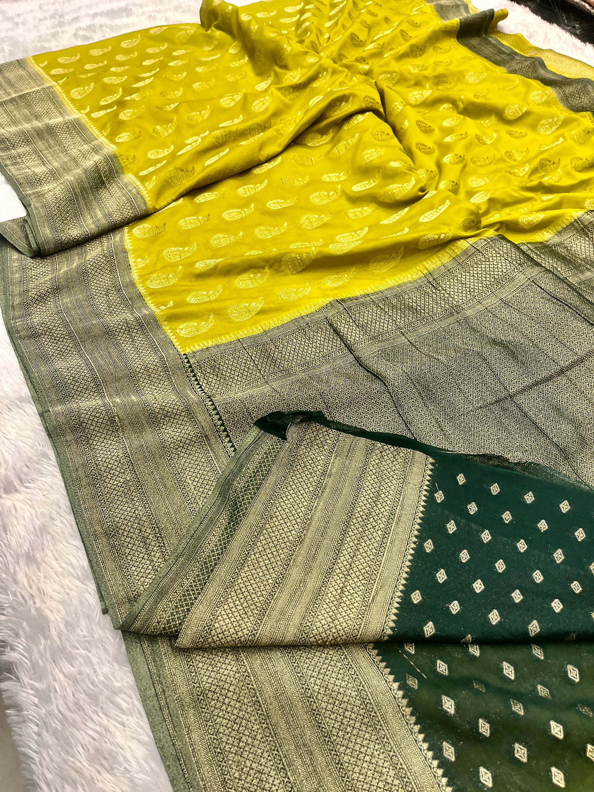 Chinon Silk Karry  Buta  Design Lemon with Green  color  Saree CN07