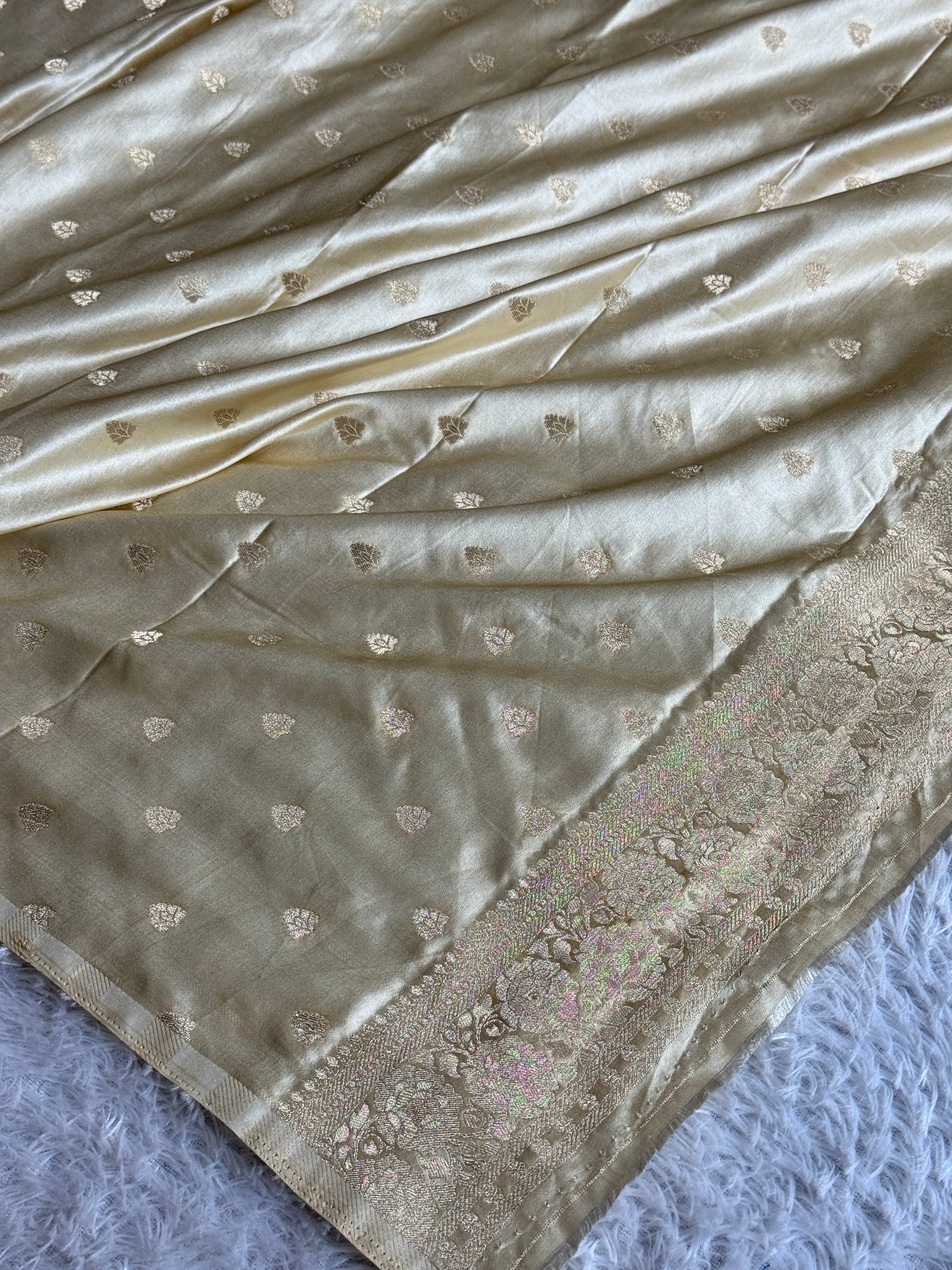 Royal Maroon Beige Mashru Kataan Silk Buta Woven Saree | MKS665