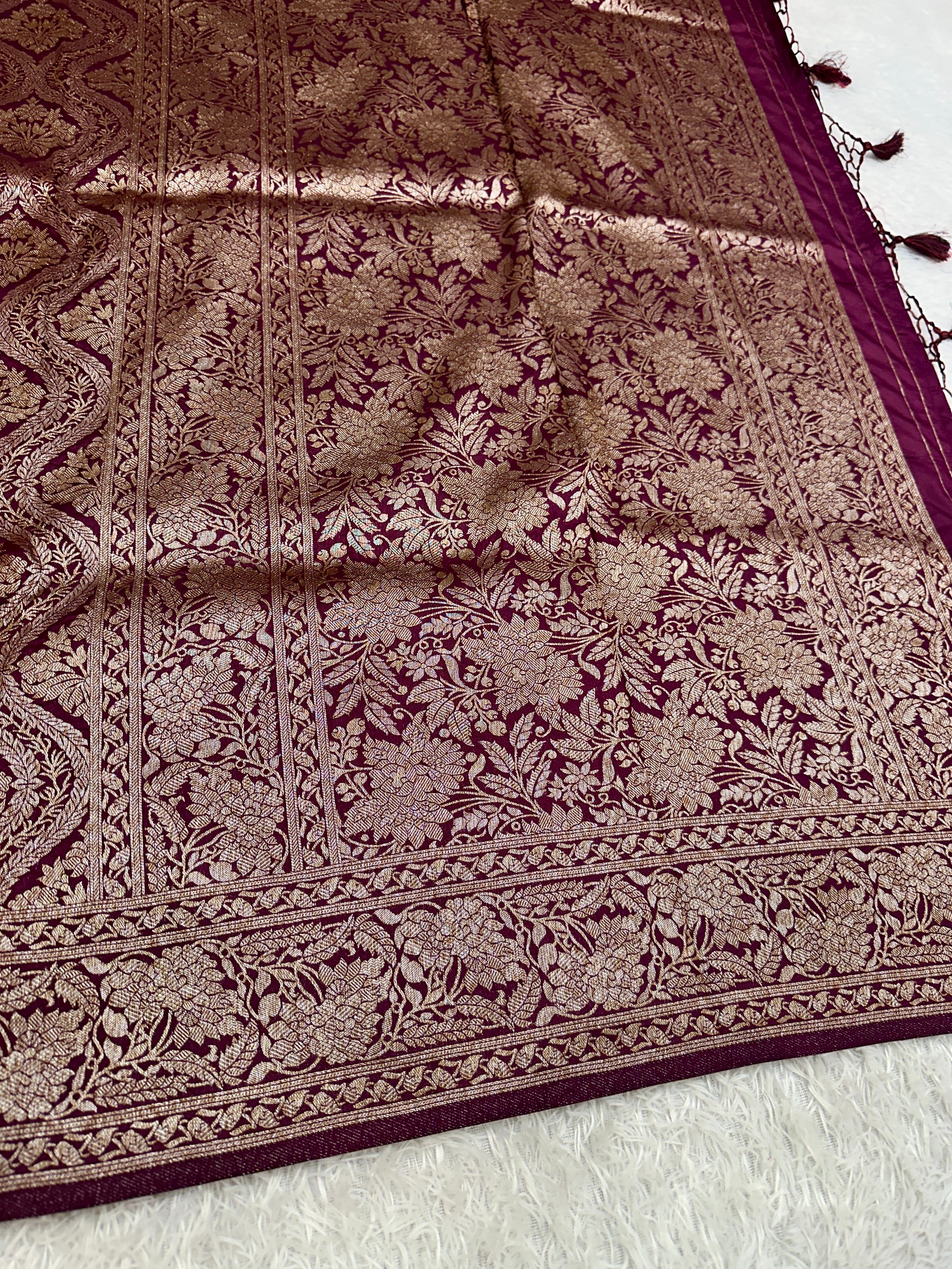 Wine Banarasi Dupion Silk Saree with Embossed Antique Zari Weaving & Rich Antique Zari Pallu | STF65