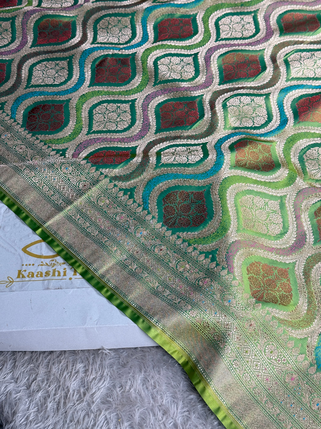 Sea Green Mashru Kataan Silk Saree With Rangkaat Alfi Meenakari Jaal Design – MKS646