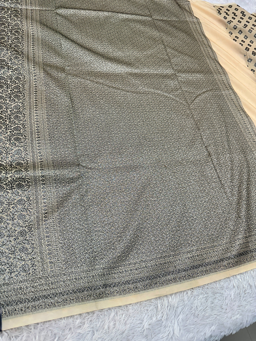 STF48 – Elegant Cream Dupion Saree with Silver-Black Antique Zari Weaving