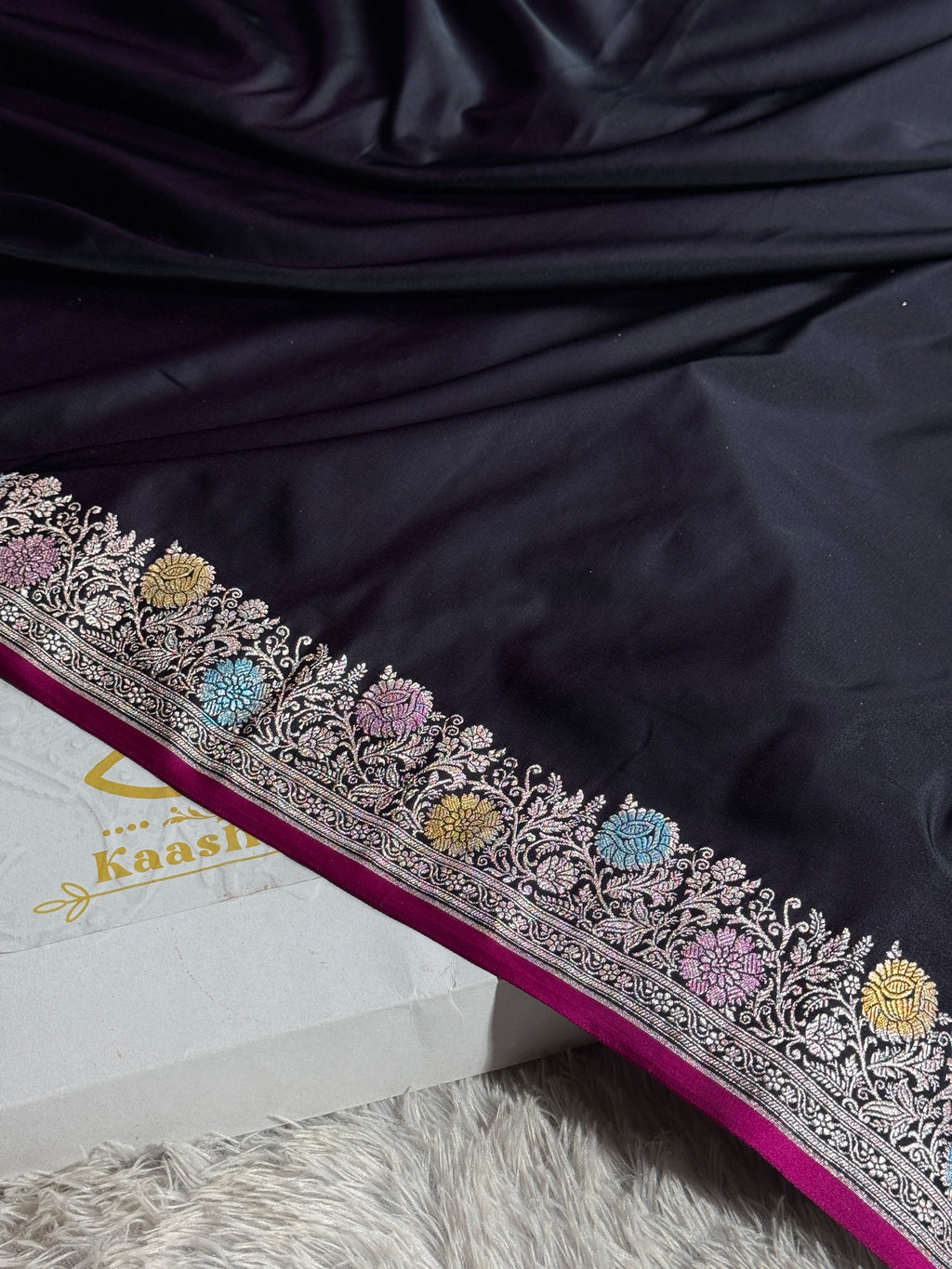 Black Premium Banarasi Mashru Silk Saree with Border & Pallu Meena Work MKS152