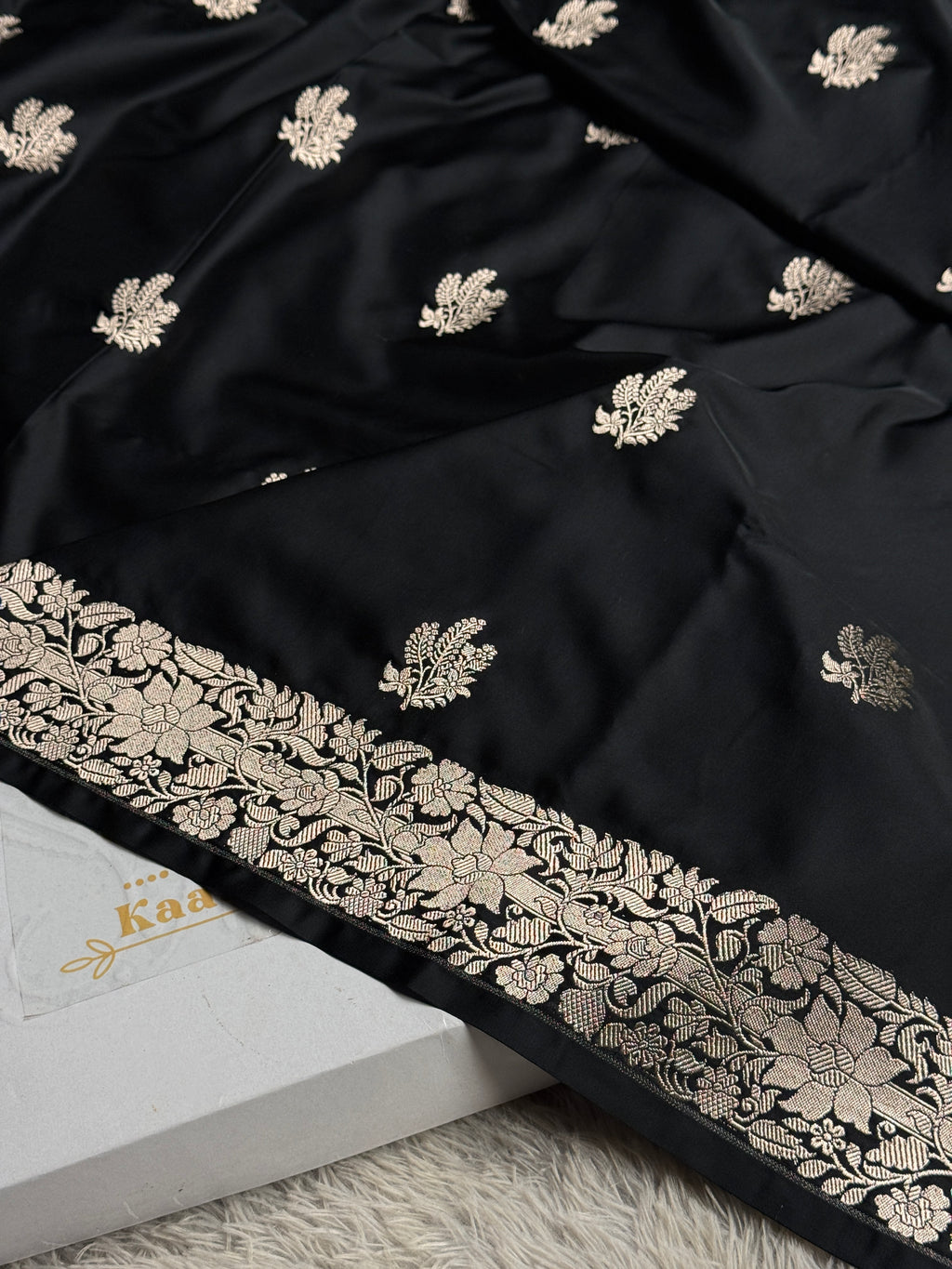 Elegant Black Buta Woven Banarasi Satin Mashru Silk Saree with Scalloped Border MKS181