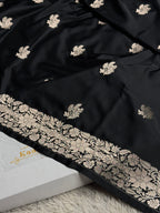 Elegant Black Buta Woven Banarasi Satin Mashru Silk Saree with Scalloped Border MKS181