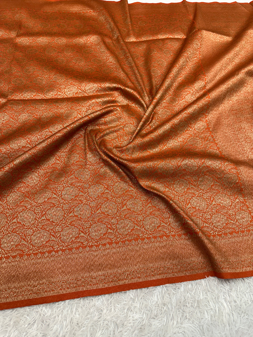 Rust Orange Banarasi Dupion Silk Saree with Embossed Antique Zari Weaving & Rich Antique Zari Pallu | STF58