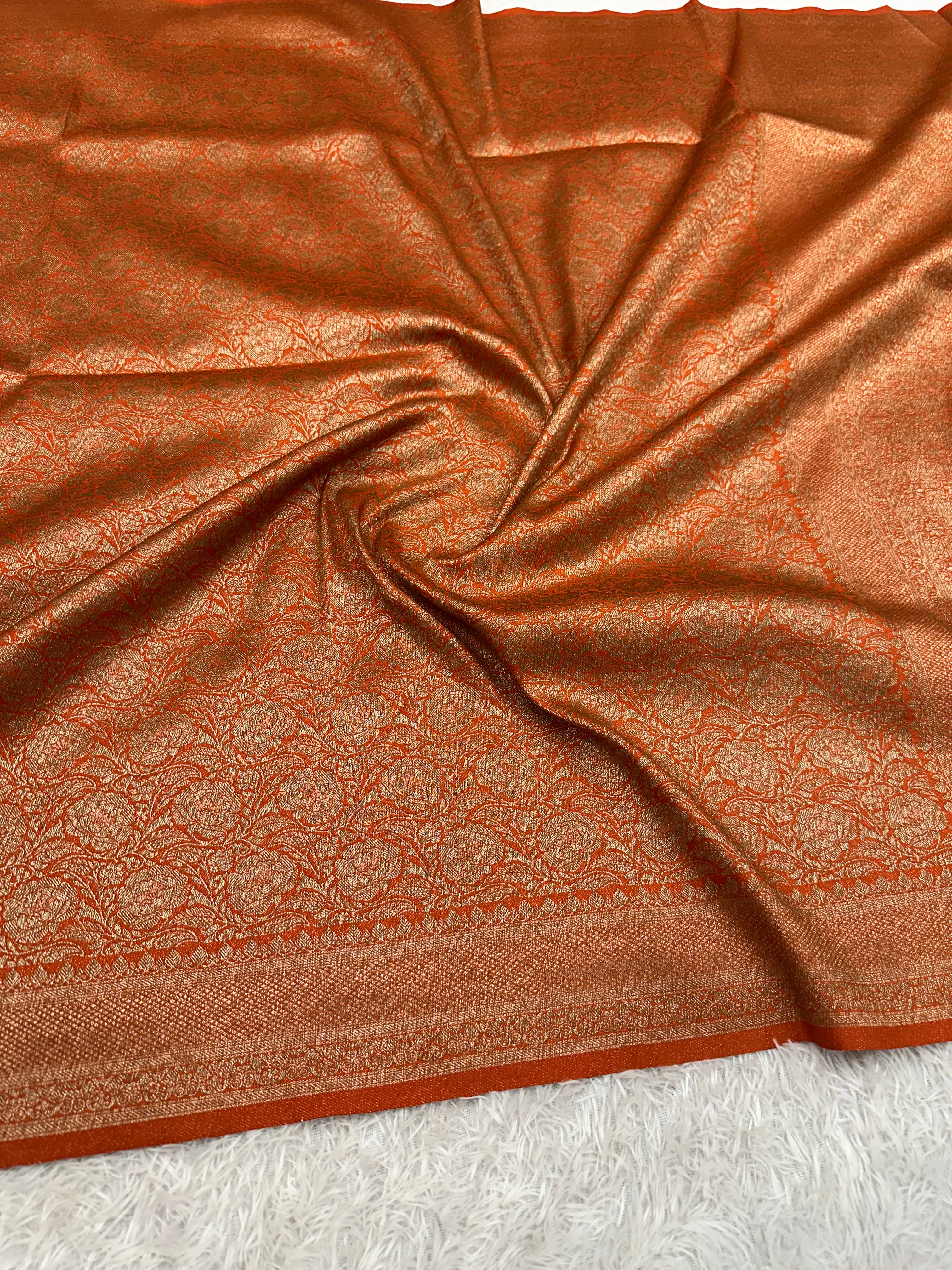 Rust Orange Banarasi Dupion Silk Saree with Embossed Antique Zari Weaving & Rich Antique Zari Pallu | STF58