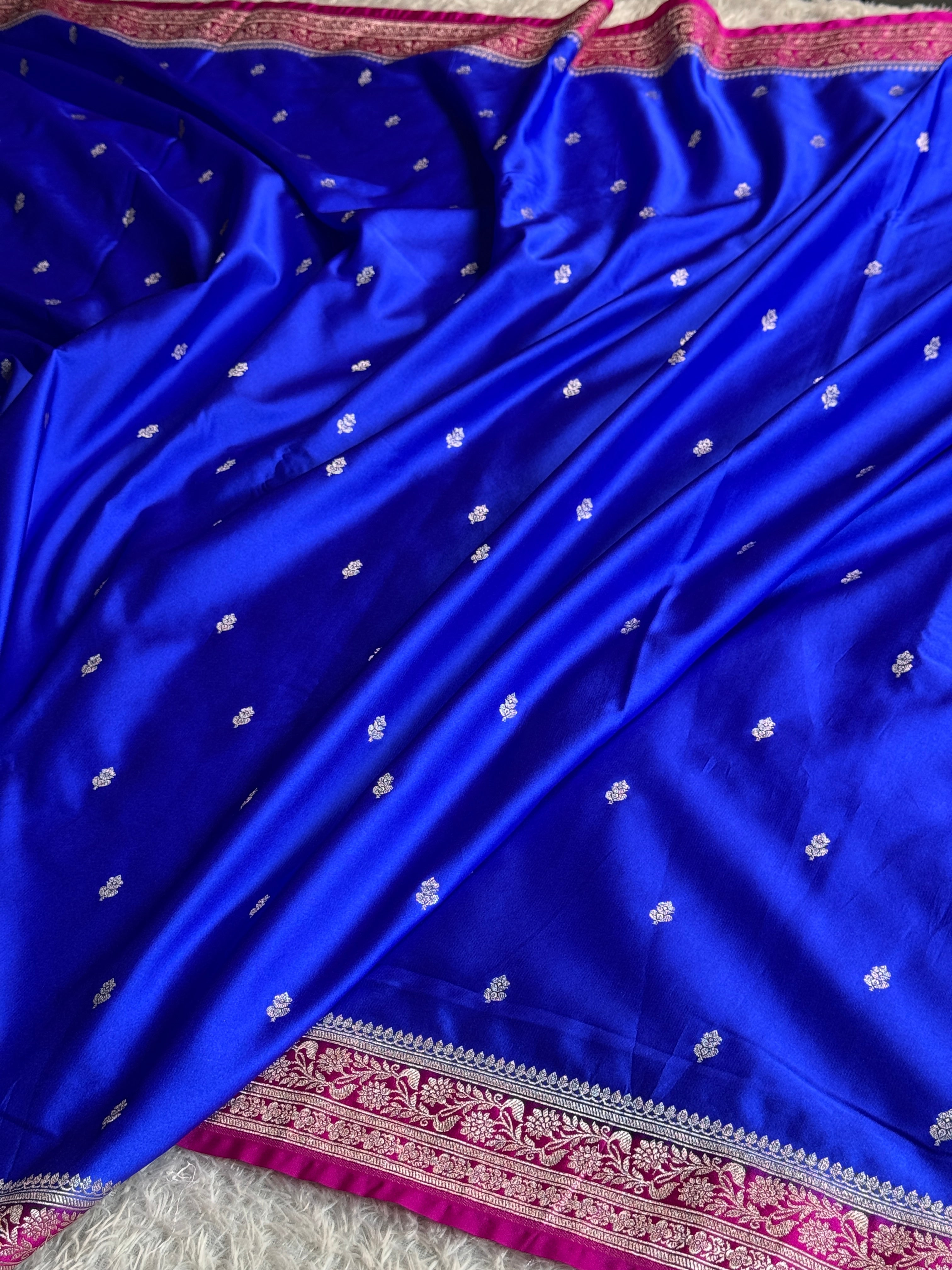 Royal Blue Mashru Kataan Silk Saree with Buta Woven Design & Rani Pink Contrast | MKS629