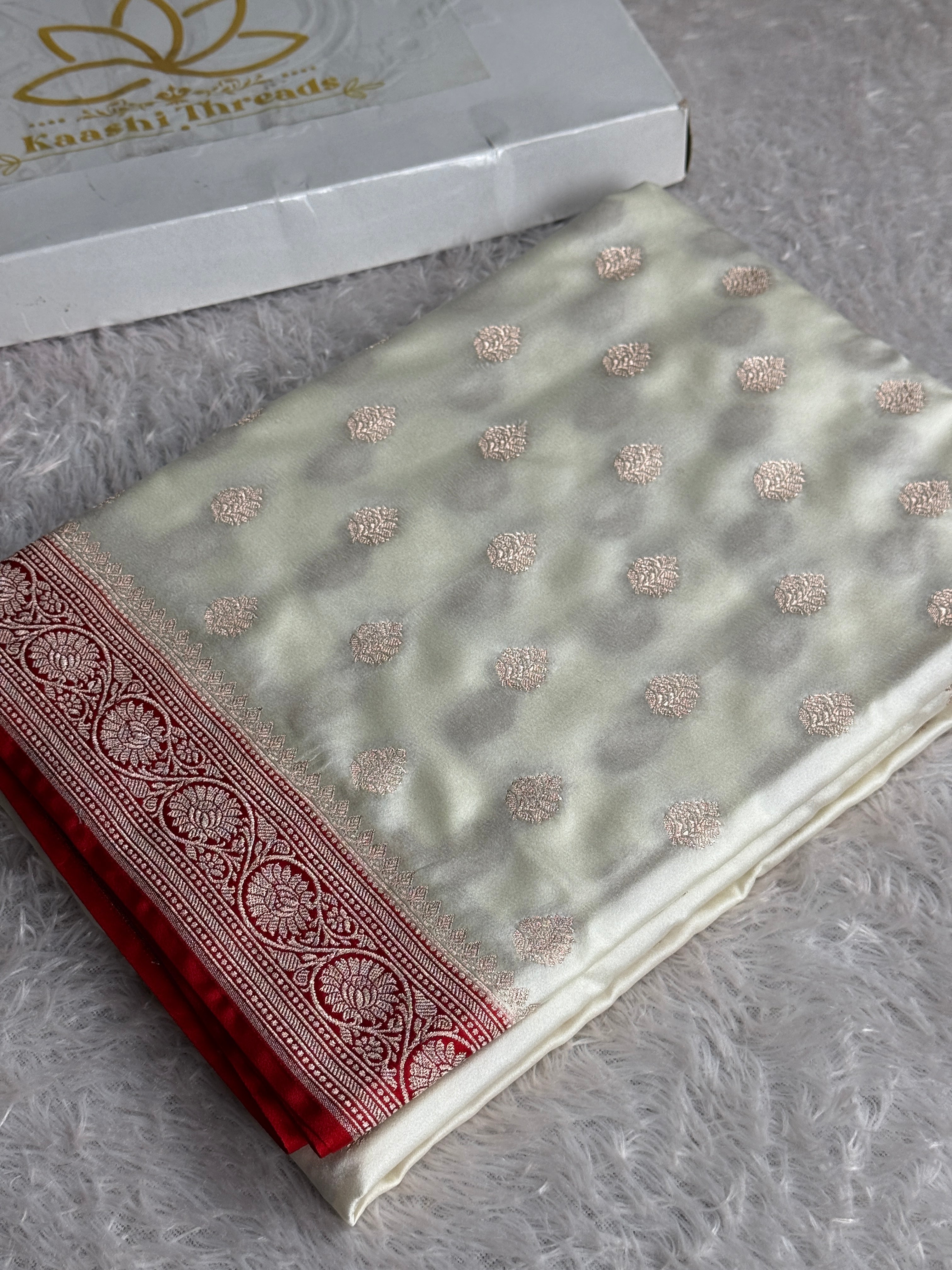 ✨ Cream Mashru Kataan Silk Saree with Red Contrast Border & Rich Zari Pallu | MKS644 ✨
