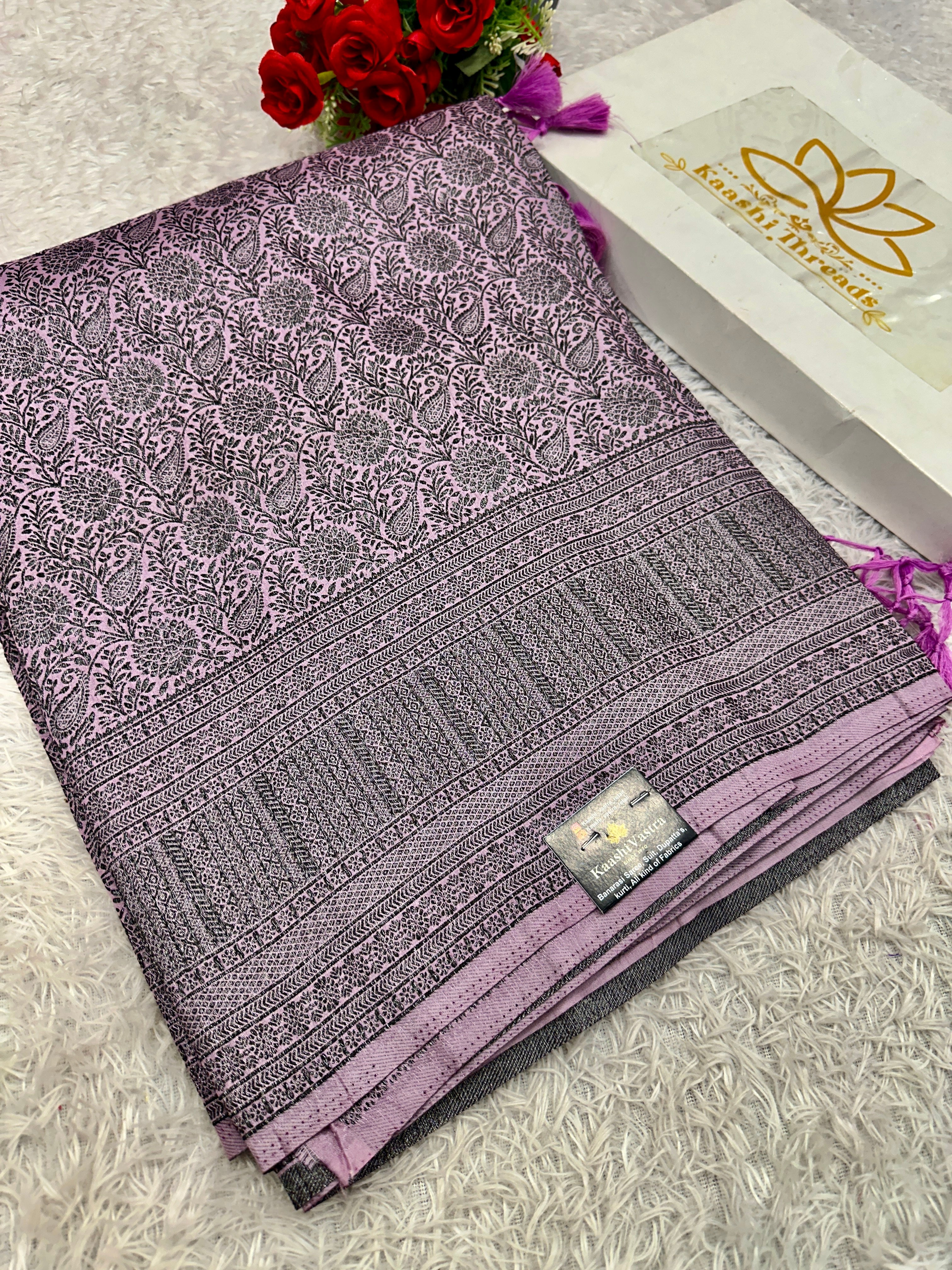 STF56 – Elegant Lavender Dupion Saree with Embossed Square Woven Designs
