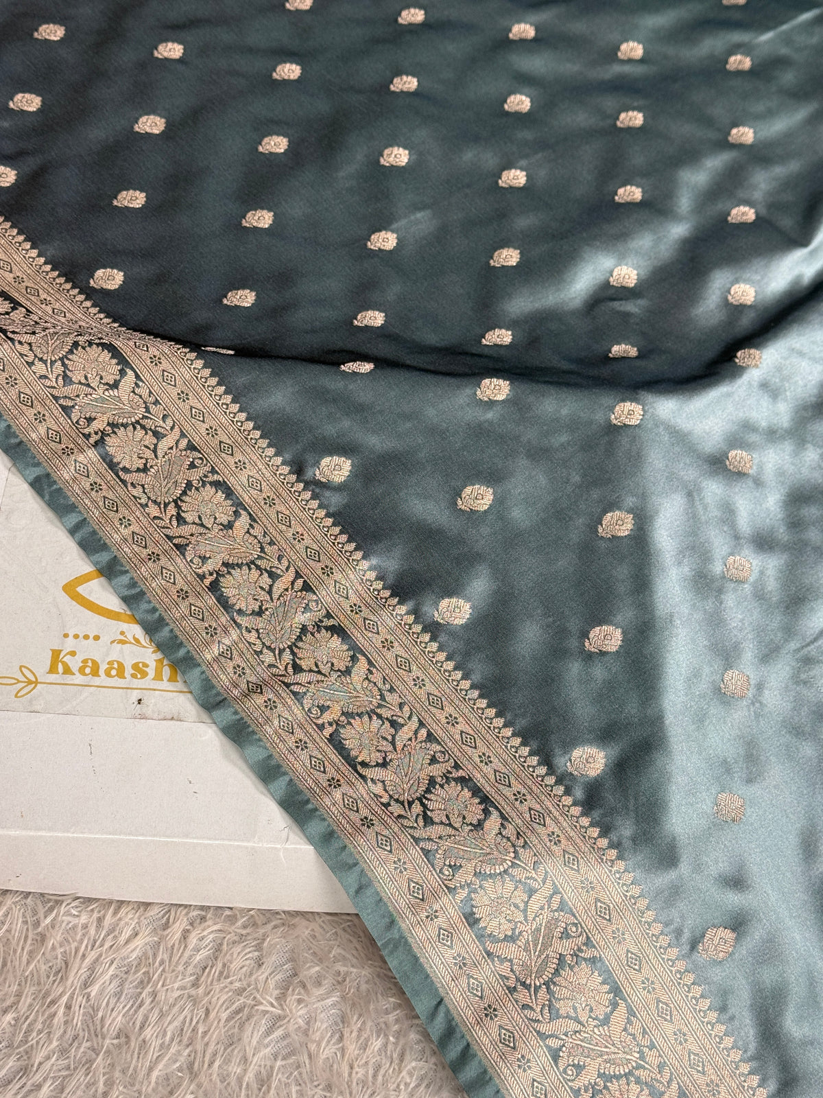 Grey Mashru Kataan Silk Saree with Elegant Buta Woven Design & Rich Zari Pallu | MKS817