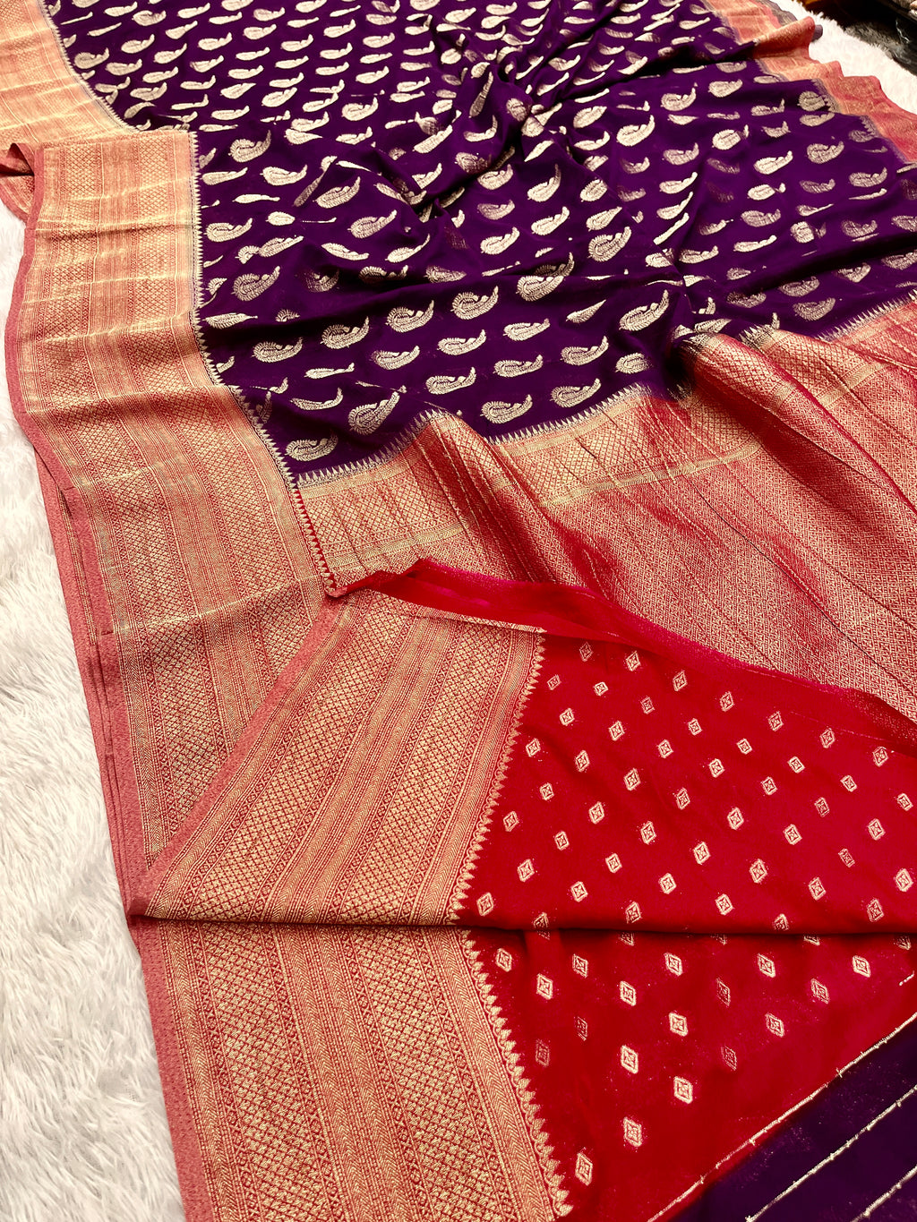 Chinon Silk Karry  Buta  Design Wine with Red color  Saree CN07