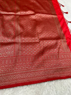 Red  Banarasi Dupion Silk Saree with Embossed Antique Zari Weaving & Rich Antique Zari Pallu | STF91