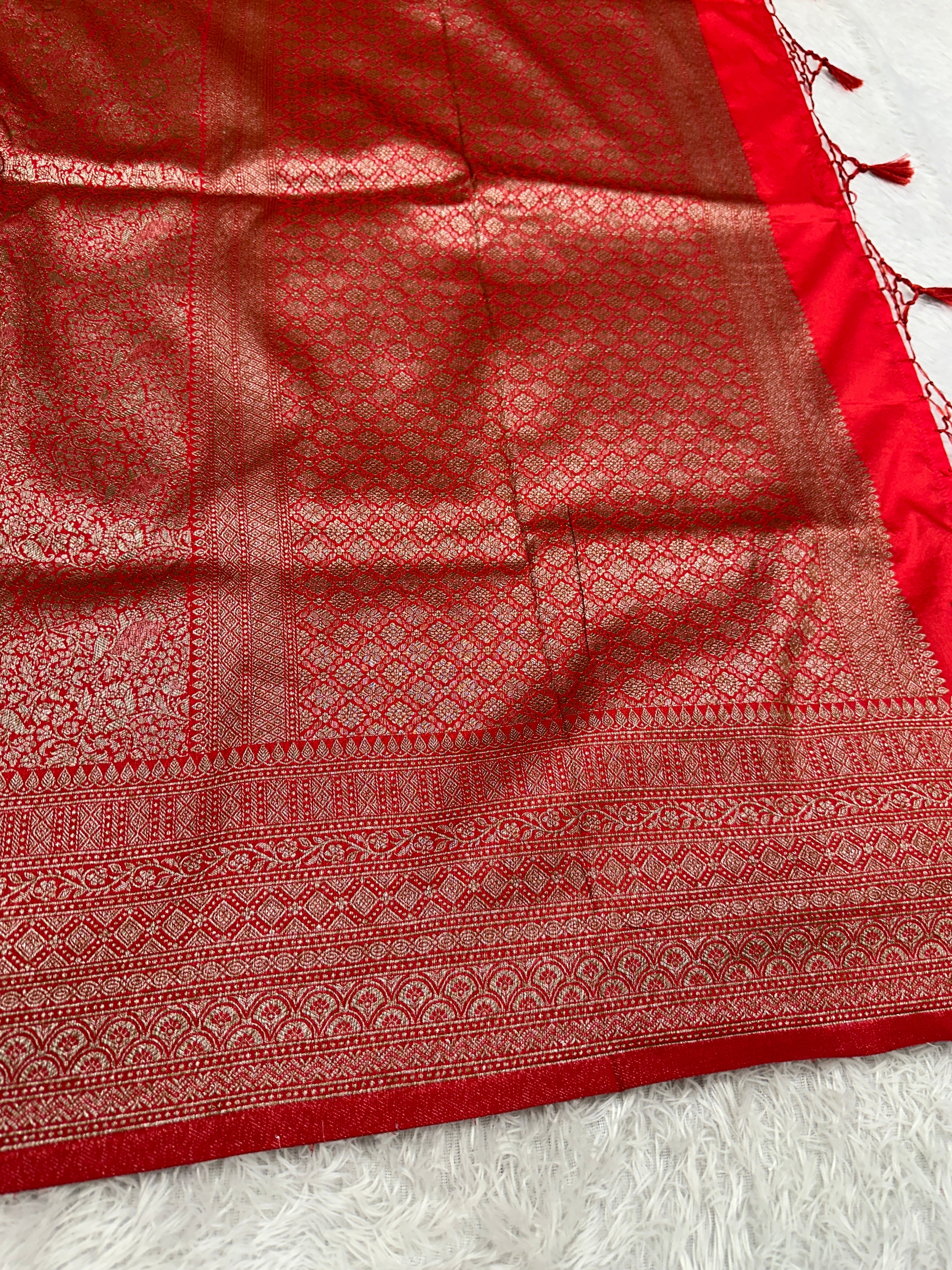 Red  Banarasi Dupion Silk Saree with Embossed Antique Zari Weaving & Rich Antique Zari Pallu | STF91