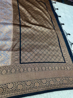 Grey & Black Contrast Banarasi Dupion Silk Saree with Embossed Antique Zari Weaving & Rich Antique Zari Pallu | STF63