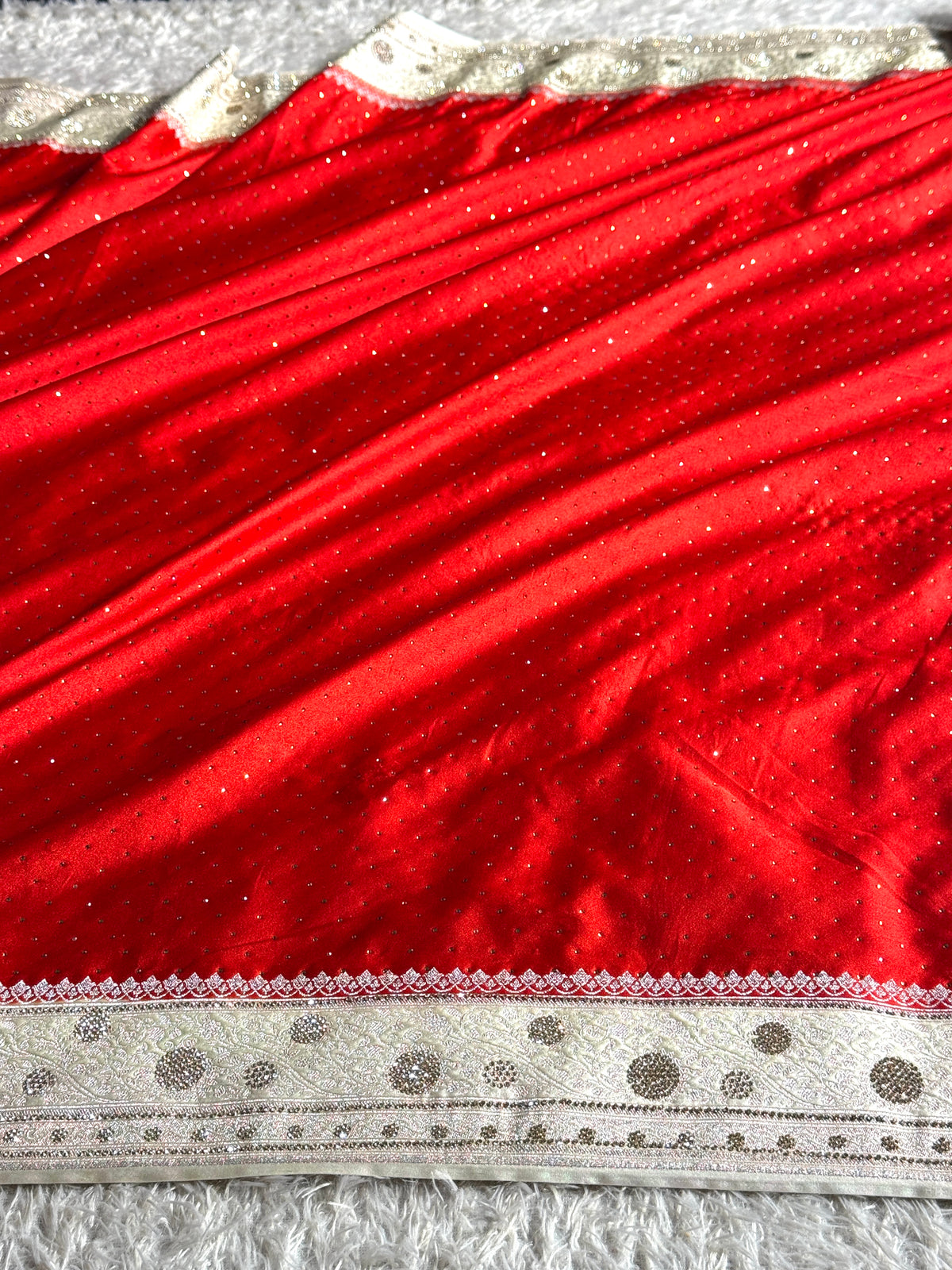 Red & Cream Mashru Saatan Silk Saree with All-Over Swarovski Stone Work – MKS834