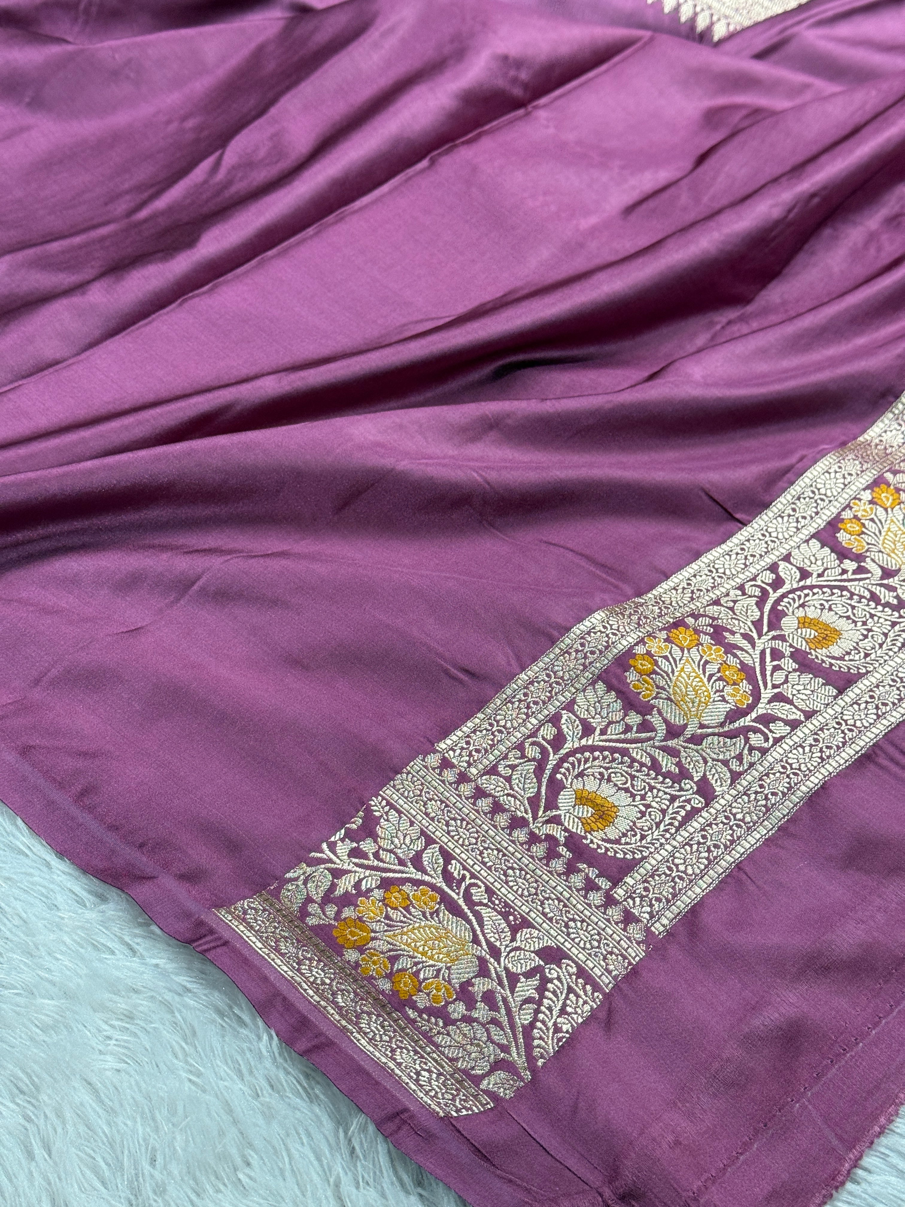 Gajri Banarasi Mashru Kataan Silk Saree with All-Over Jaal Meena Weaving & Rupa-Sona Zari MKS146