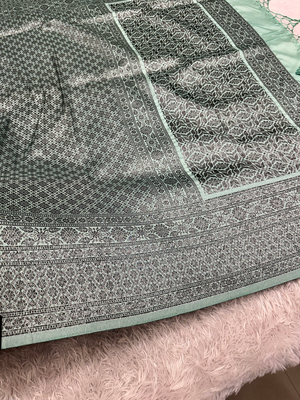 STF50 – Elegant Sea Green Dupion Saree with Embossed Woven Designs