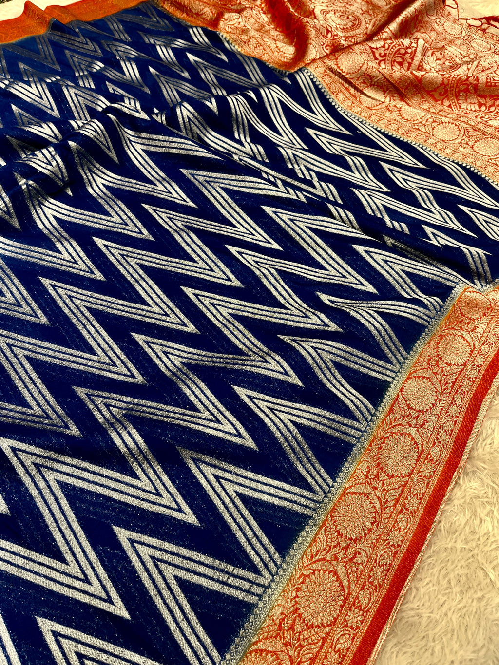 K Chinon Silk Zig Zag Design Navy with Orange Color Saree CN09