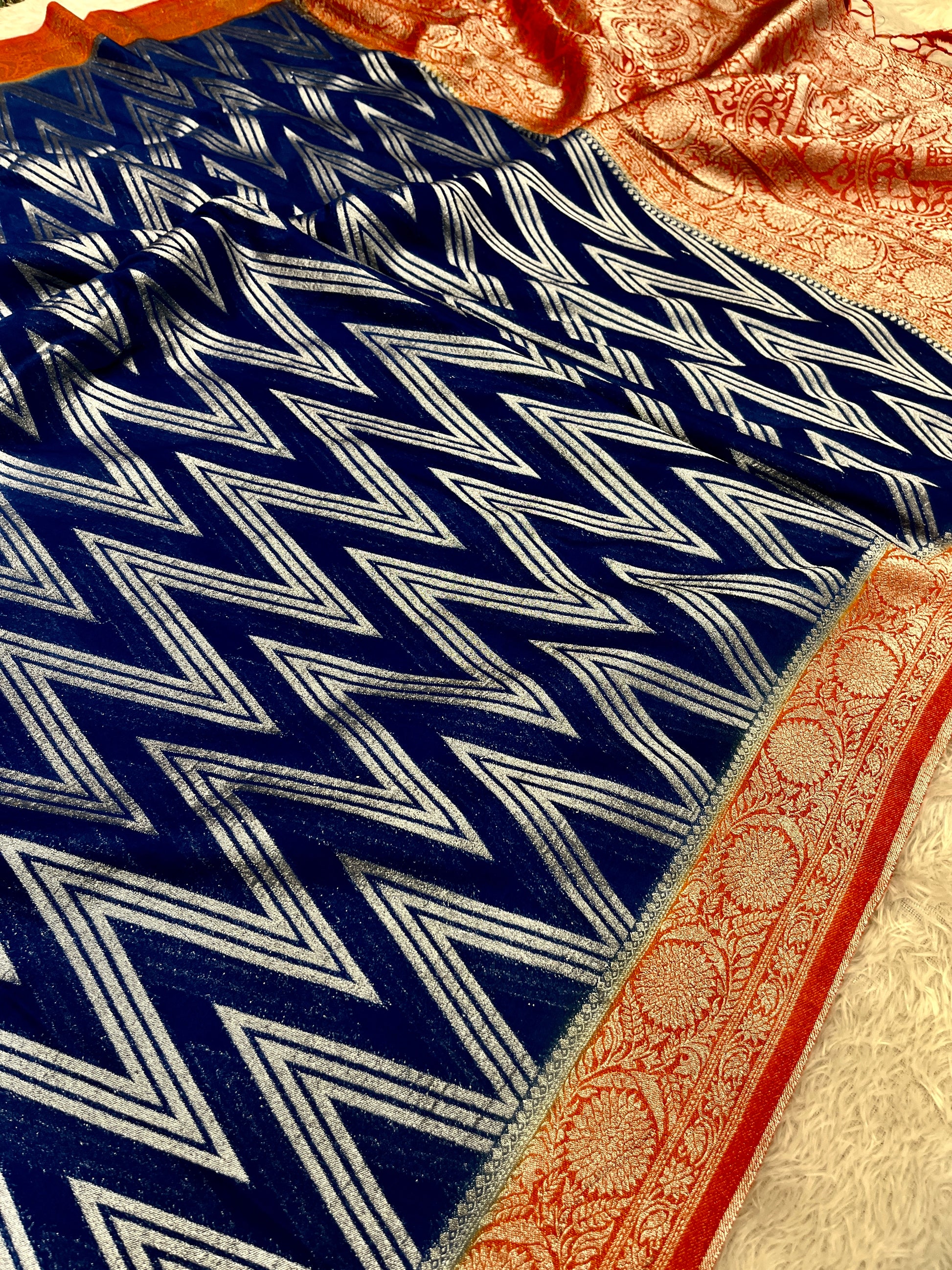 K Chinon Silk Zig Zag Design Navy with Orange Color Saree CN09