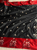 Black Mashru Kataan Silk Banarasi Saree with Red Saatan Patta Border | MKS721