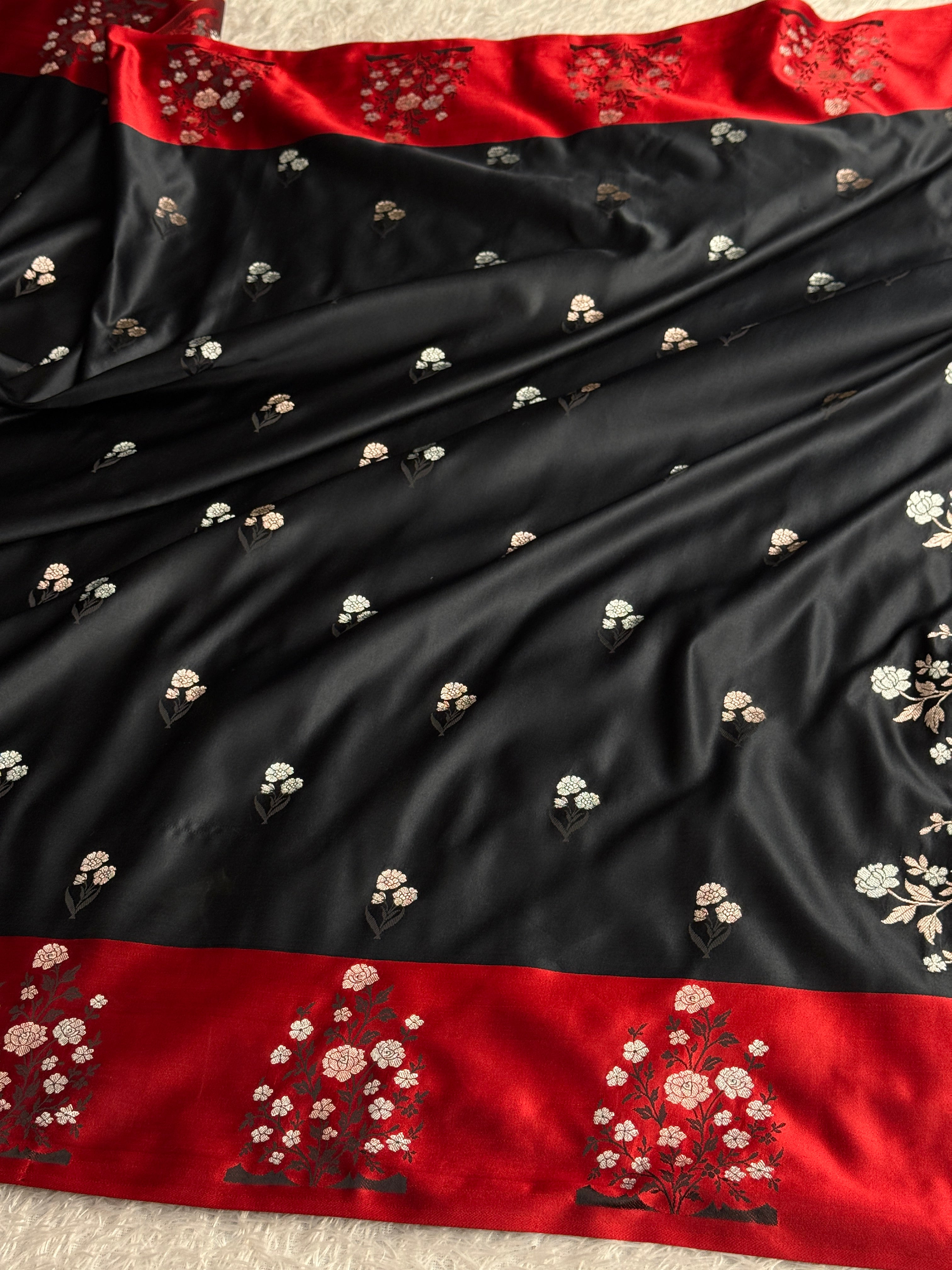 Black Mashru Kataan Silk Banarasi Saree with Red Saatan Patta Border | MKS721