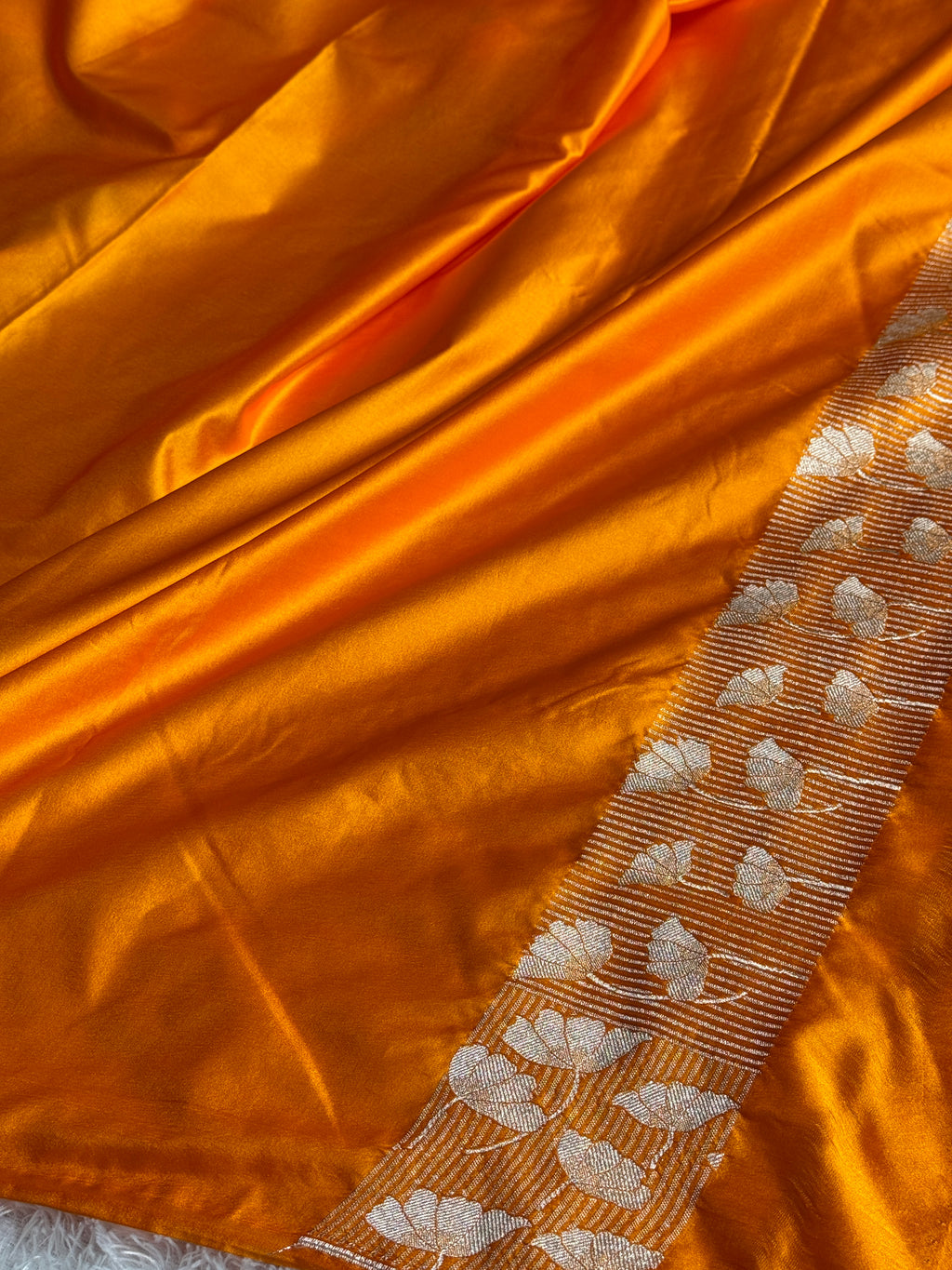 Mashru Kataan Silk Buta Woven Banarasi Saree with Fancy Woven Border – Yellow Orange | MKS596