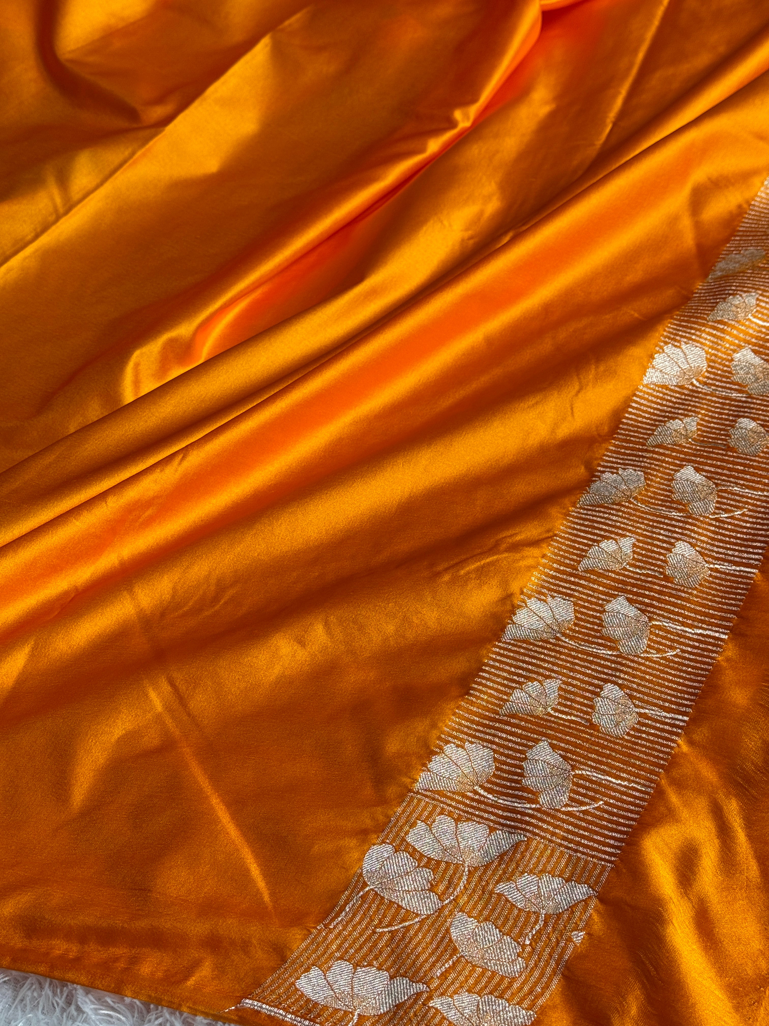 Mashru Kataan Silk Buta Woven Banarasi Saree with Fancy Woven Border – Yellow Orange | MKS596