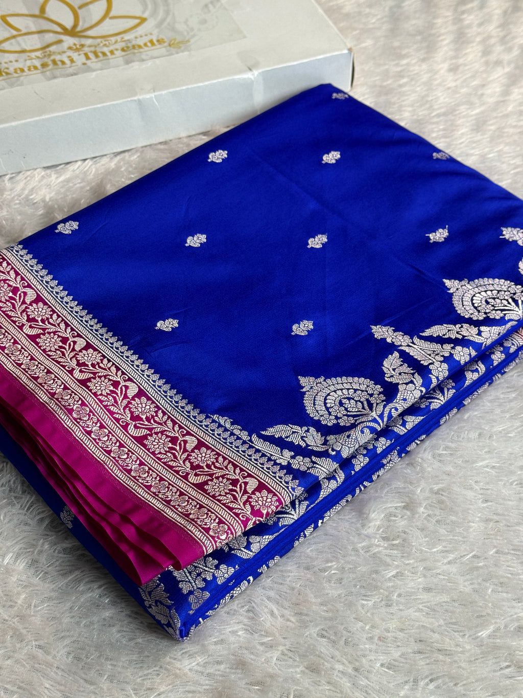 Royal Blue Mashru Kataan Silk Saree with Buta Woven Design & Rani Pink Contrast | MKS629