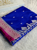 Royal Blue Mashru Kataan Silk Saree with Buta Woven Design & Rani Pink Contrast | MKS629
