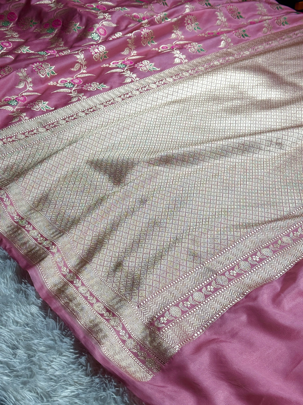 Pink Premium Banarasi Mashru Silk Saree with Jaal Meena Woven Pattern MKS154