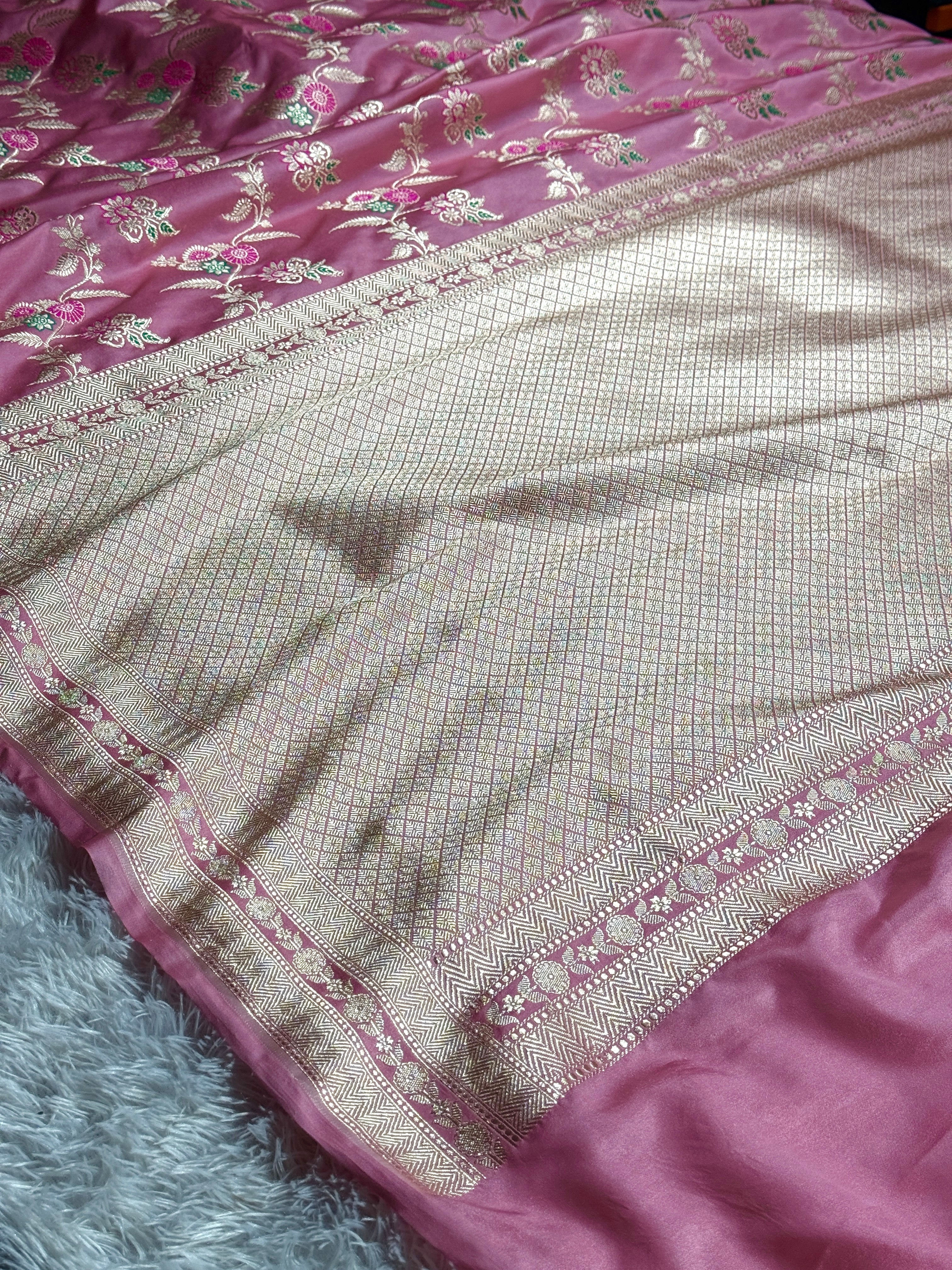 Pink Premium Banarasi Mashru Silk Saree with Jaal Meena Woven Pattern MKS154