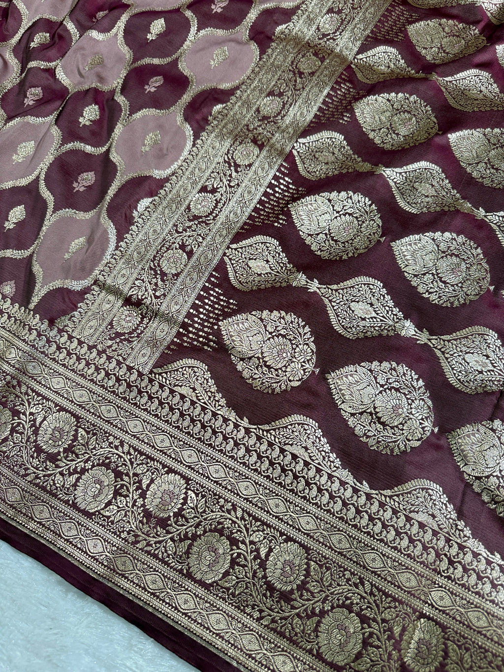 Wine & Strawberry Rangkaat Banarasi Mashru Silk Saree with Jacquard Woven Jaal Pattern MKS033