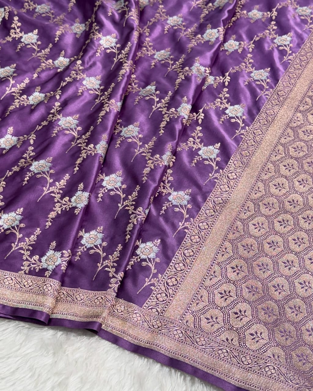Banarasi Mashru Kataan Silk Saree Featuring Jaal Weave with Silver Zari Meena Work & Rich Pallu – MKS414
