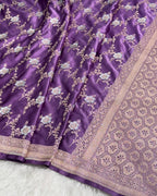 Banarasi Mashru Kataan Silk Saree Featuring Jaal Weave with Silver Zari Meena Work & Rich Pallu – MKS414
