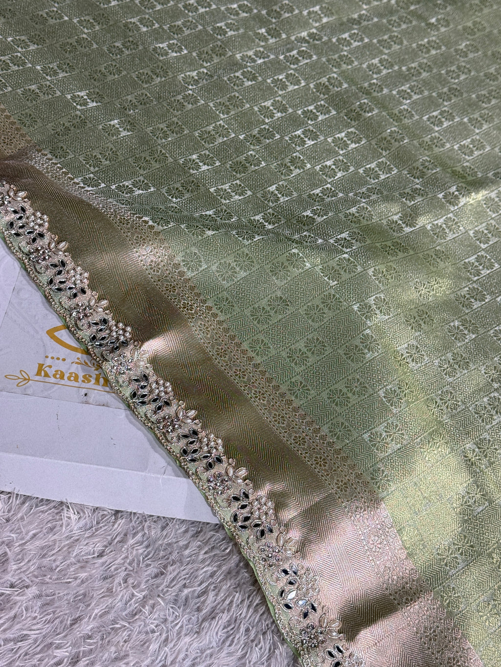 Pista Tissue Silk Saree with Moti Lace & Rich Zari Pallu | TS58