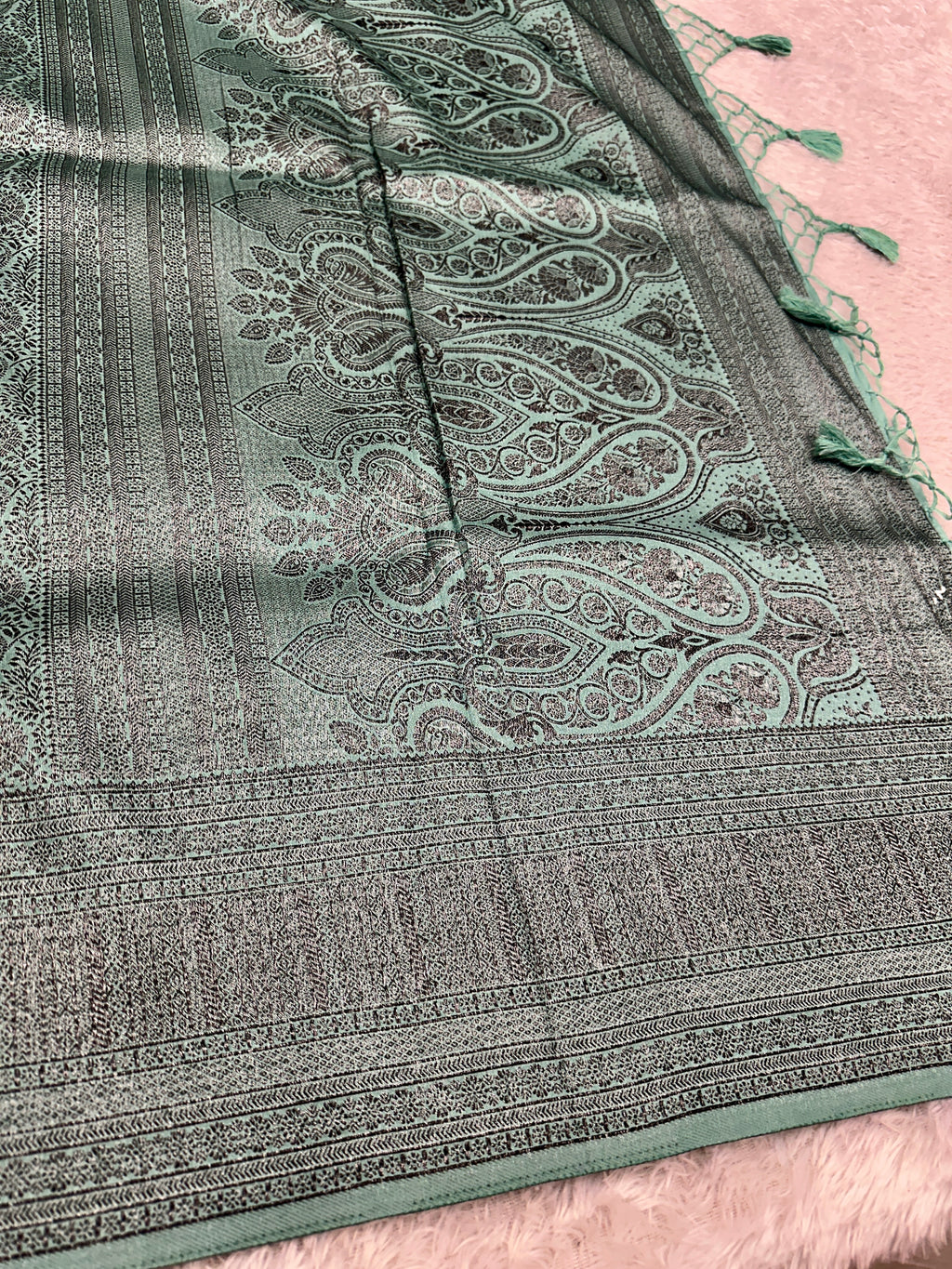 STF51 – Charming Sea Green Dupion Saree with All-Over Floral Woven Designs