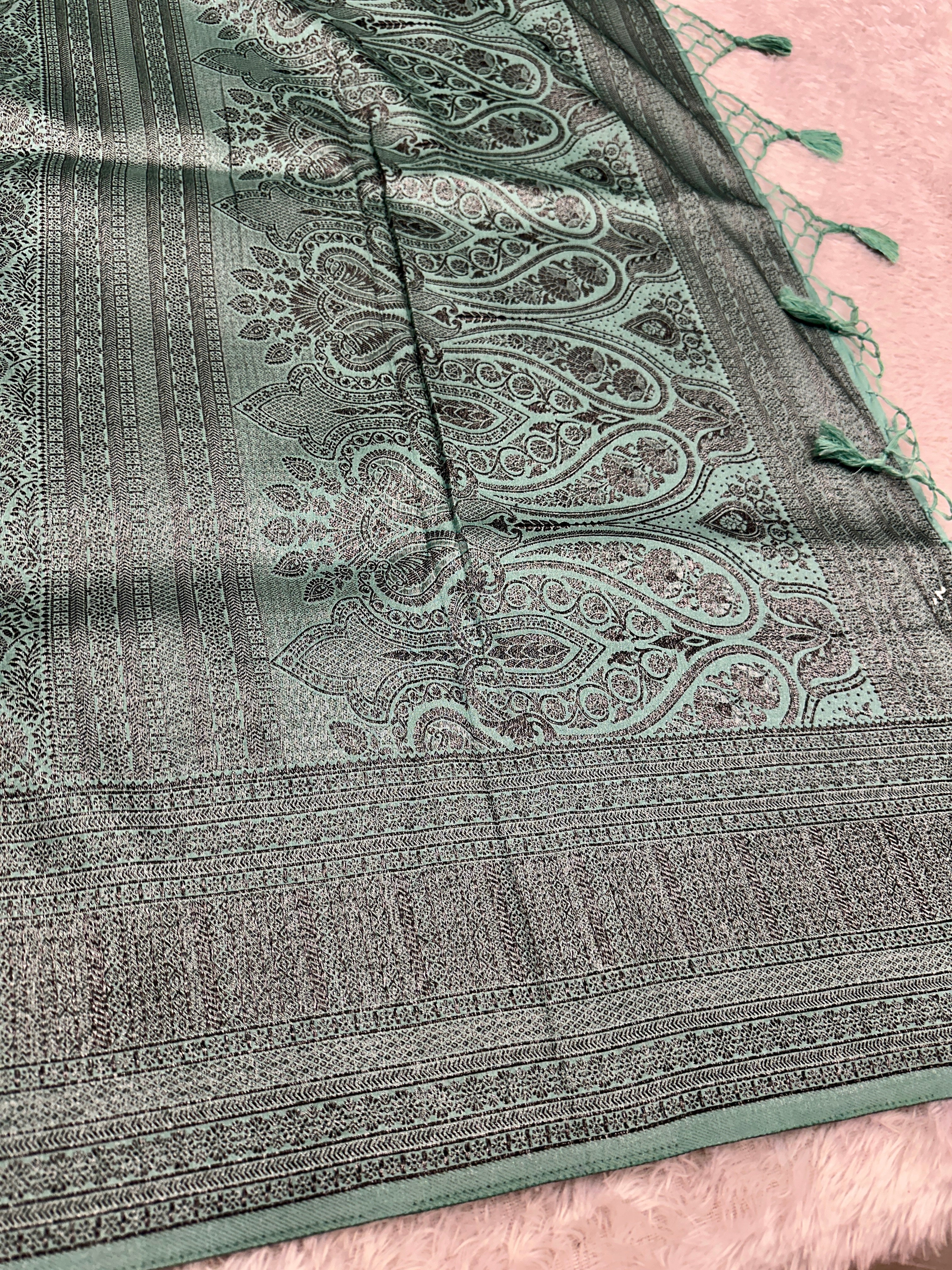 STF51 – Charming Sea Green Dupion Saree with All-Over Floral Woven Designs