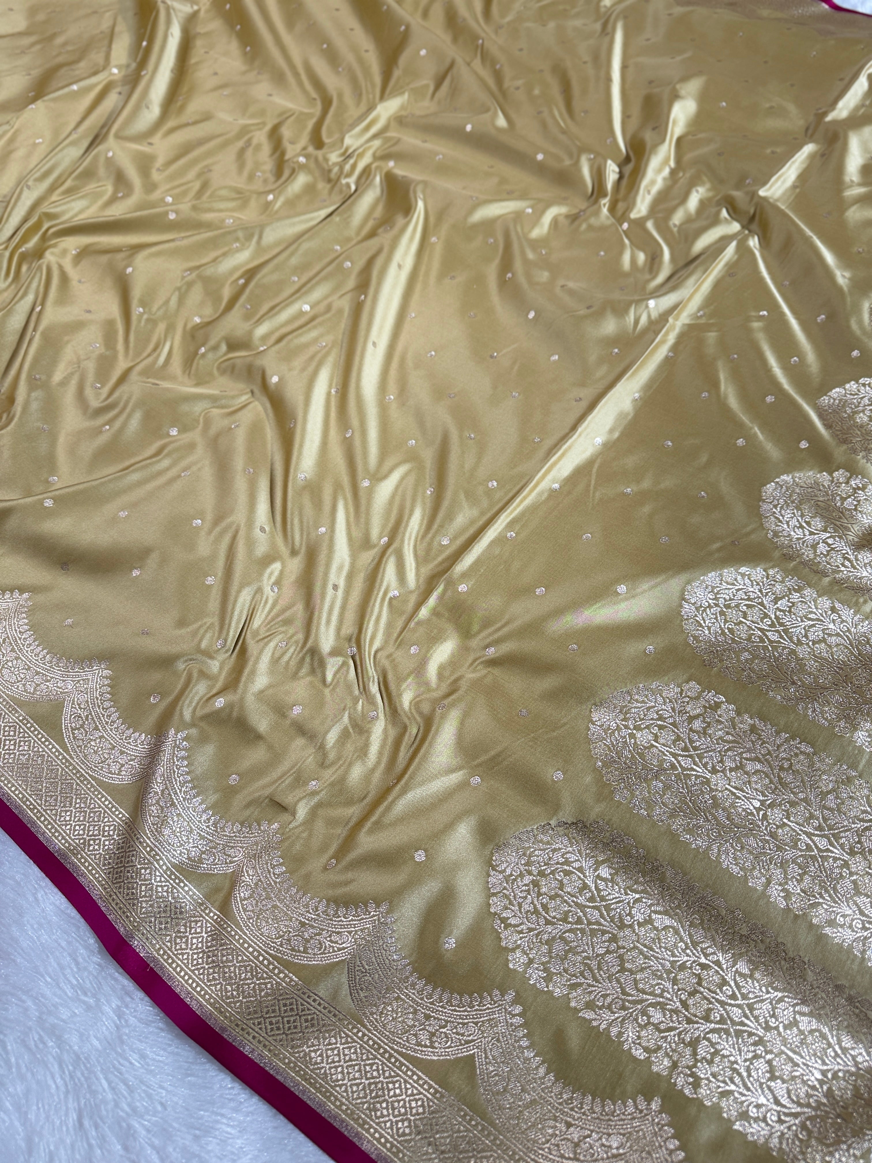 Beige Banarasi Mashru Silk Saree with Dot Buti Weaving & Fancy Jacquard Border MKS104