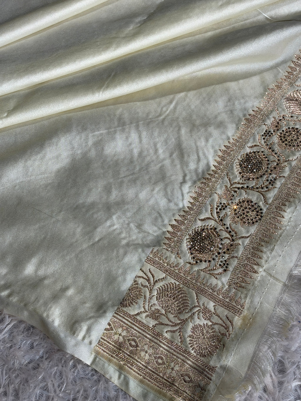 MKS839 Black & Beige Mashru Kataan Silk Saree with All-Over Swarovski Work & Rich Zari Pallu