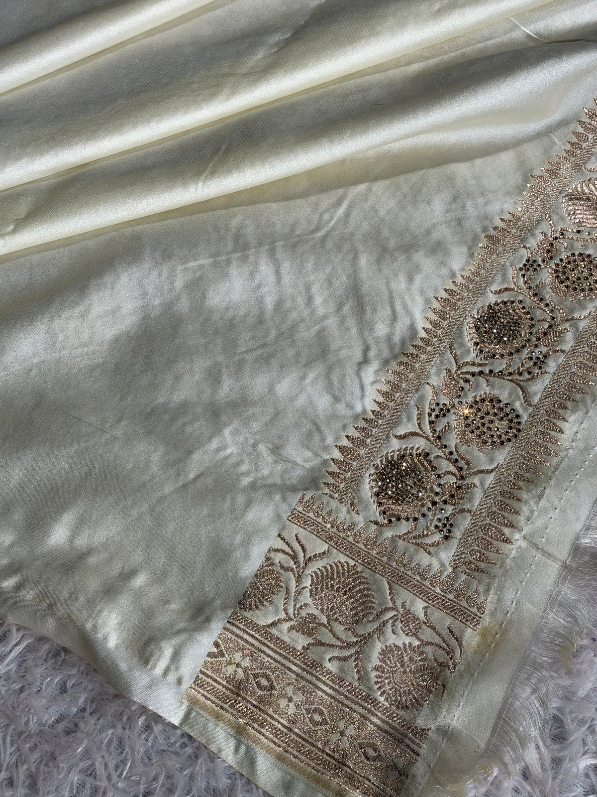 MKS839 Black & Beige Mashru Kataan Silk Saree with All-Over Swarovski Work & Rich Zari Pallu